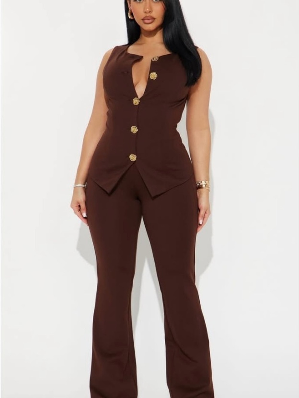 Sleeveless Brown Button-Front Set
